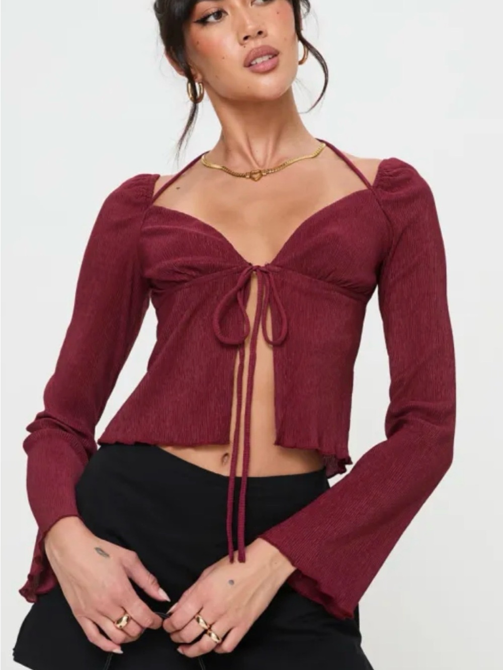 Princess Polly Chantria Long Sleeve Halter Tie-Front Crop Top